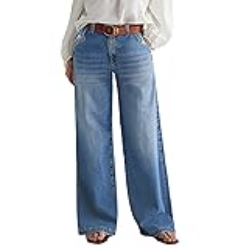 Flamingals Wide Leg Jeans‎ for Women | Mid Waist Baggy Washed Denim Jeans - Picture 5 of 16